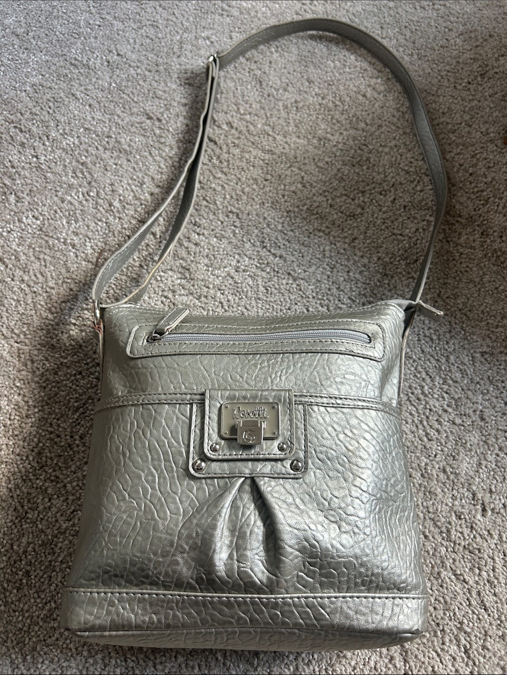 Rossetti Metallic Silver Crossbody Bag with Front Plaque